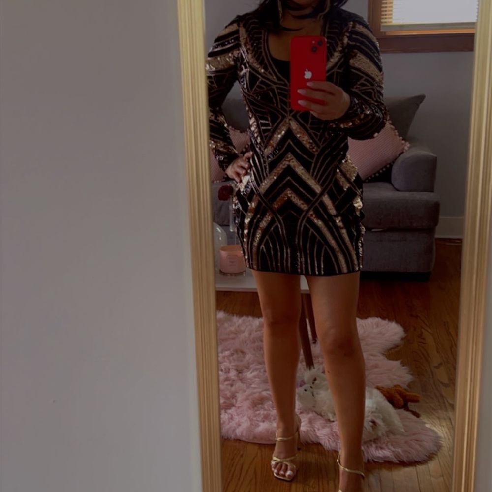 Express Black and Gold Geometric Sequin Dress